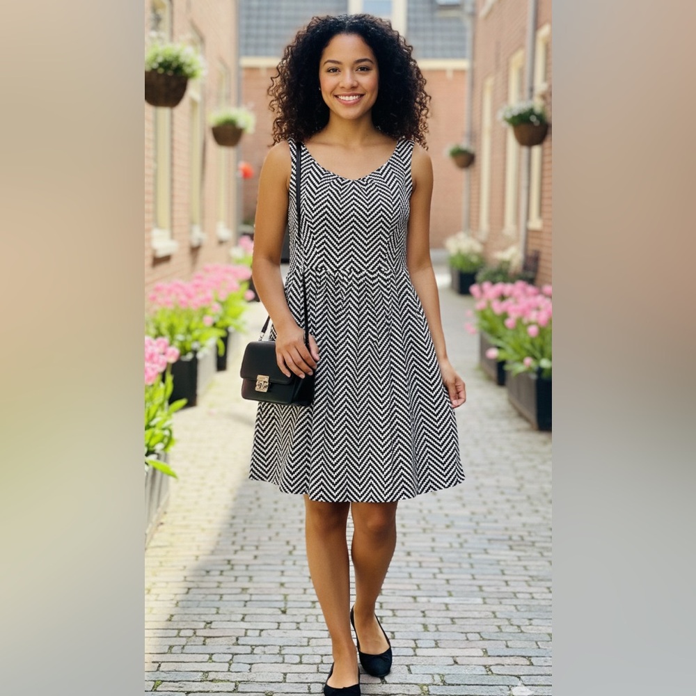 Elegant Black and White Chevron Mini Dress